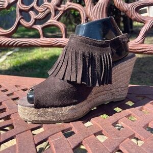💋Kanna Brown Suede Leather Fringe Slingback Platform Wedge Open Toe Sandal